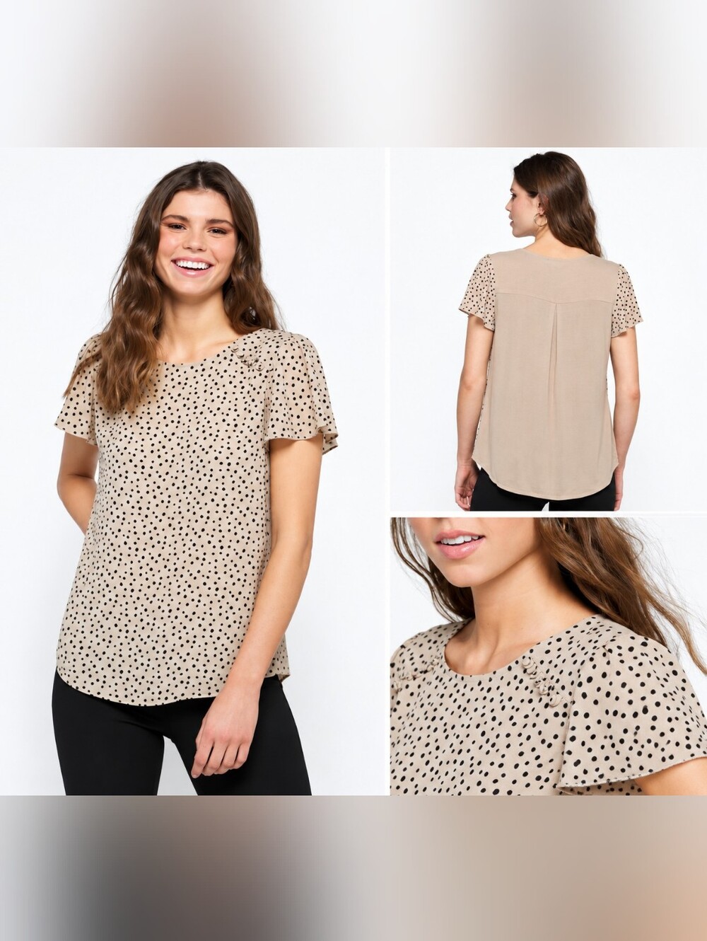 Fortune + Ivy Dondria Polka Dot Flutter Sleeve Blouse Beige Size L